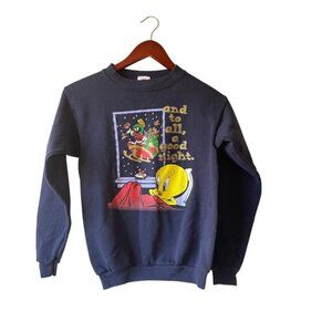 Vintage 1998 Kids Looney Tunes Tweety Bird Christmas‎ Sweatshirt Pullover Navy L